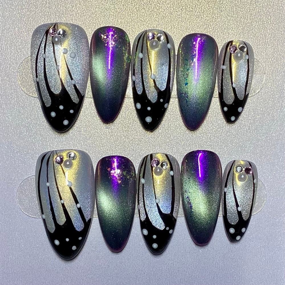 Iridescent Silver Butterfly Green Cat Eye Almond Press On Nails Medium Large